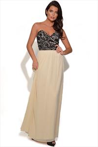 Black and Cream Flock Detail Bandeau Maxi Dress